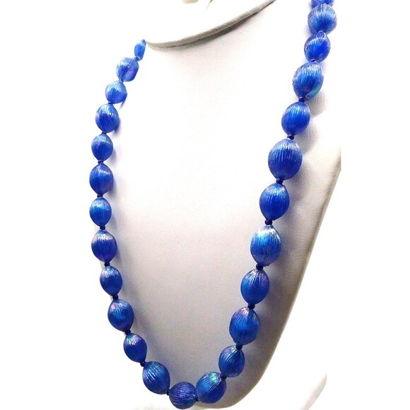 Vintage AB Royal Blue Necklace, Lovely Aurora Borealis Fluted Oblong Plastic - Picture 1 of 4